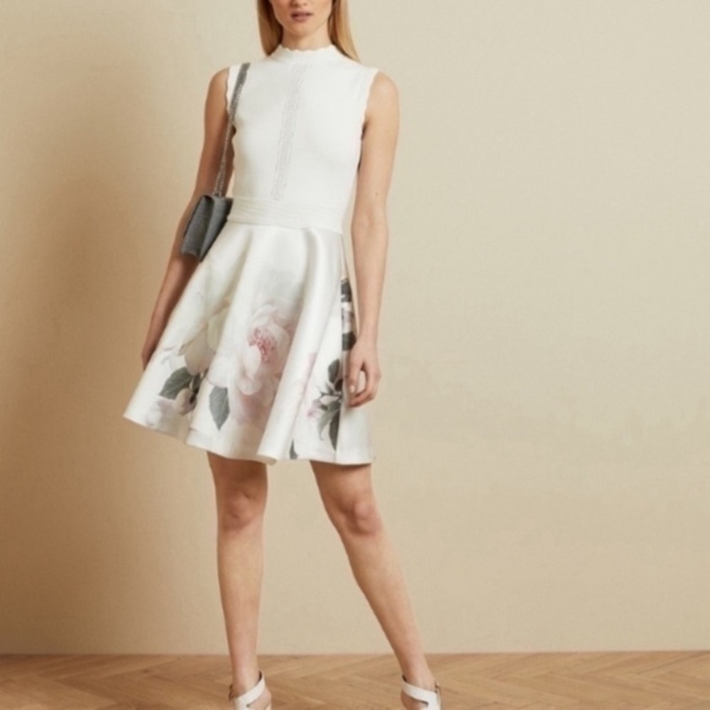 ✅ Ted Baker Dress Cordina Bouquet Jacques Skater Skirted Ivory Floral